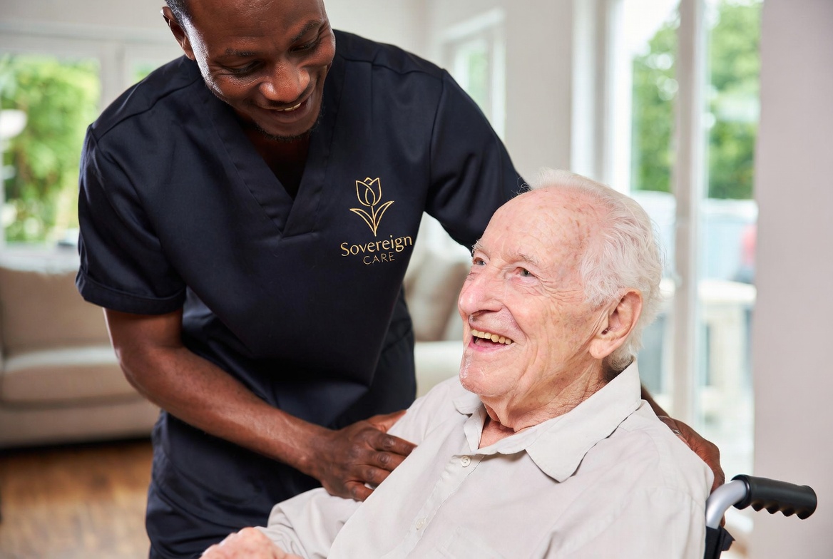 Sovereign Care carer supporting elderly gentleman