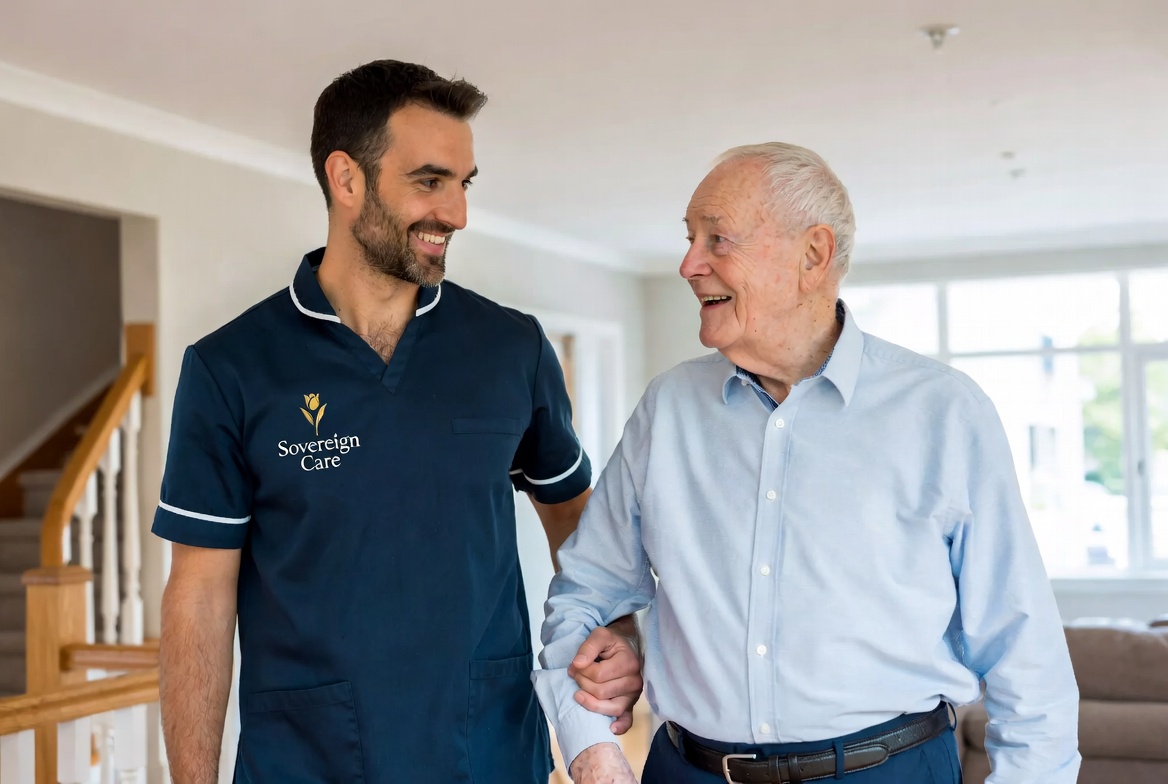 Sovereign Care carer walking with client