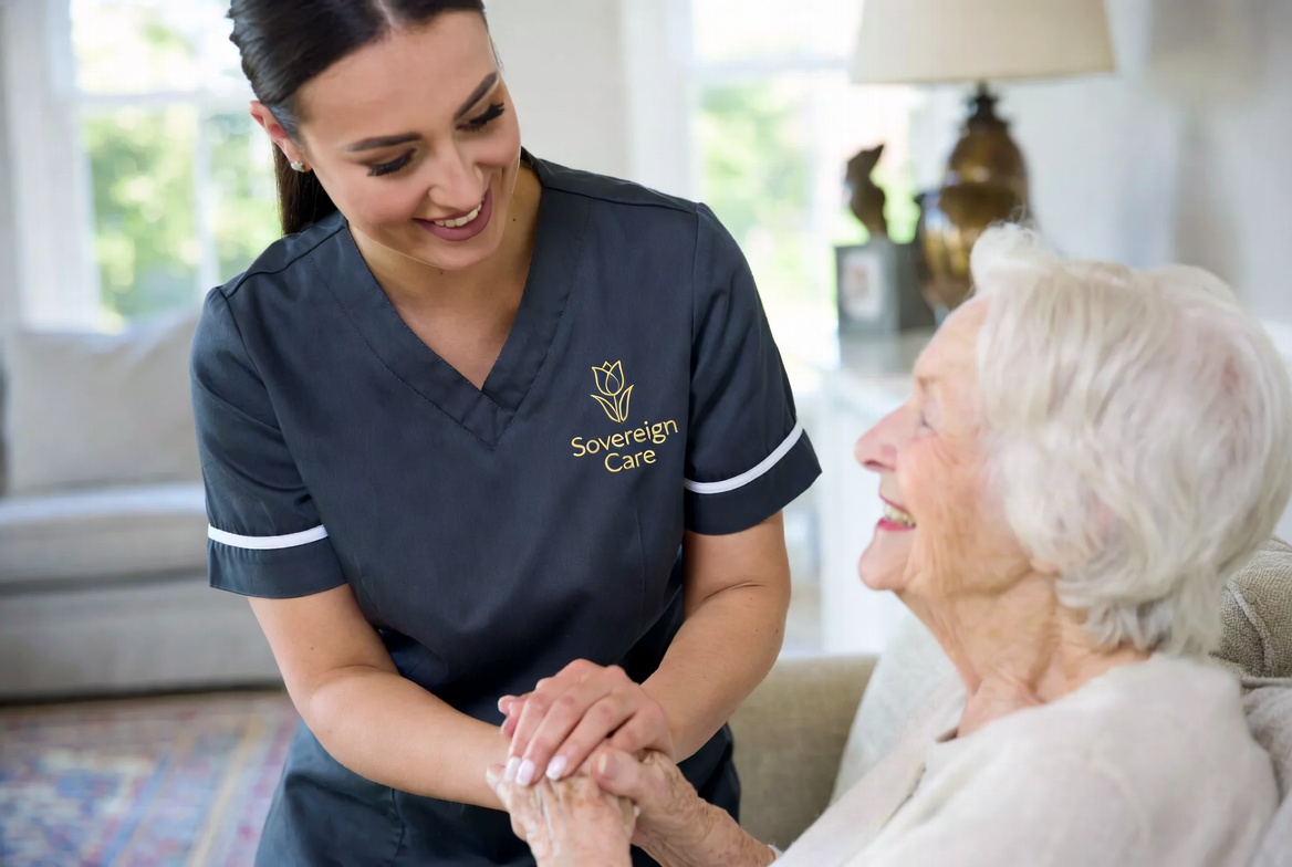 Sovereign Care carer holding hands with client